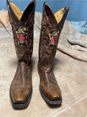 Ameda Brown Leather Western Boots with Red 'M' Mascot Embroidery